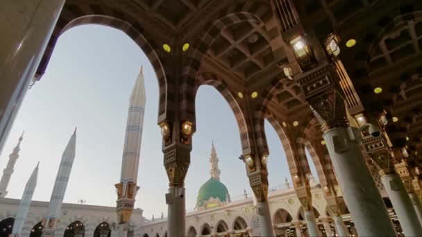 Static General View Green Dome Moorish Pattern Arches Nabawi Mosque — Stock Video