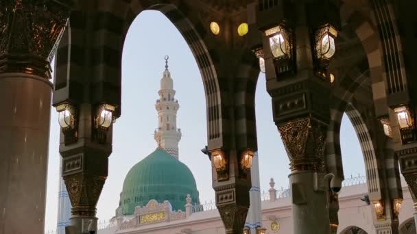 在沙特阿拉伯Al Madinah的Nabawi清真寺 Closeup看到绿色穹顶和带有鸟群的摩尔图案拱门 — 图库视频影像