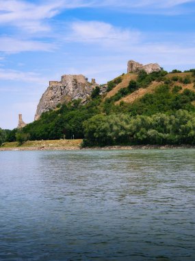 Slovakya 'daki Tuna Nehri' nin diğer tarafından Devn Kalesi 'nin yıkıntılarının manzarası