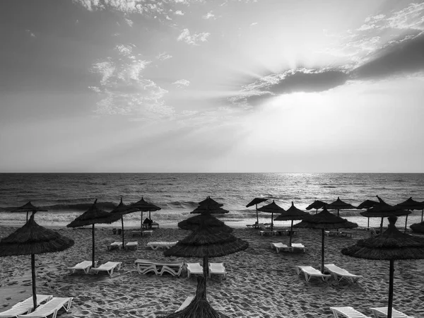 Sunrise Sea Beach Full Straw Umbrellas Black White Mahdia Tunisia — Stock Photo, Image