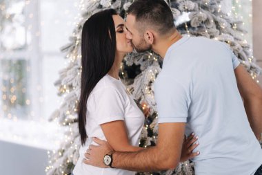 Bir kadının evdeki Noel ağacını süslediği bir erkeğin arkası. Peri masalı.