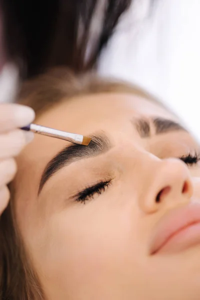 Brow master applies henna on eyebrows for beautiful blond hair woman. Fashion slyle.