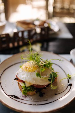 Salmon on a pillow of tomato toast, and a poached egg on top, garnished with black sesame, spirulina and microgreens. High quality photo