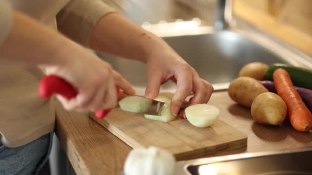 一个女人在木板上切洋葱的照片 家庭食品概念 高质量的 — 图库视频影像