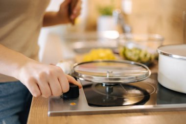 İnsan eli elektrikli sobayı yakar. Ev yapımı yemek konsepti. Yüksek kalite fotoğraf