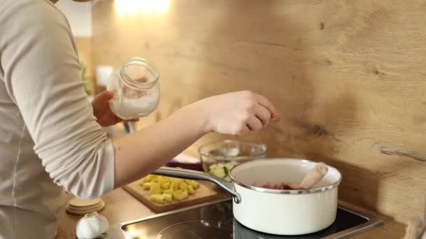 Κοντινό Πλάνο Της Γυναίκας Προσθέτει Πικάντικο Καρύκευμα Σπιτικό Φαγητό Κουζίνα — Αρχείο Βίντεο