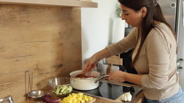 냄비에서 야채를 준비하는 여자는 숟가락으로 재료를 휘저는다 고품질 — 비디오