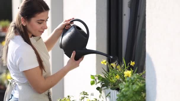 Mom Watering Plant Her Adorable Little Daughter Happy Family Gardening — Stock Video