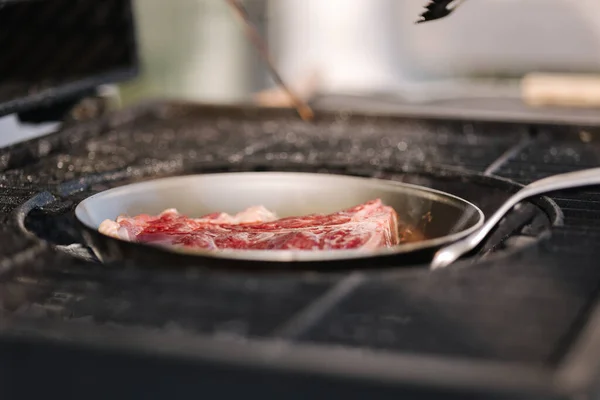 Tasty Beef Steak Fried Carbon Steel Pan Stands Hot Coals — Stock Photo, Image