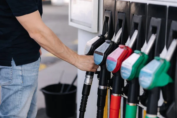 Close Young Man Refuelling Car Petrol Station Middle Selection Human — Stock Photo, Image