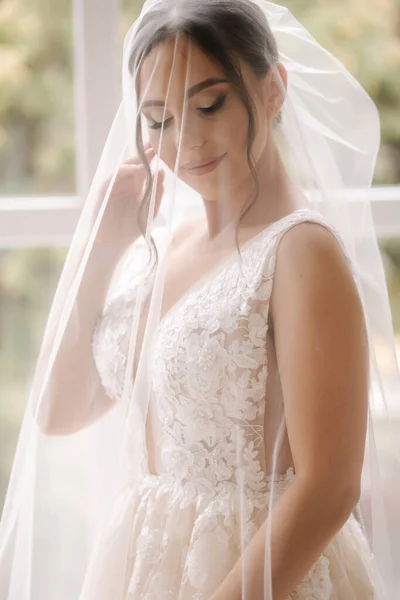 Retrato Noiva Linda Com Véu Sobre Rosto Dia Casamento Mulher — Fotografia de Stock