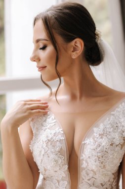 Lüks gelinlik içinde zarif bir kadının yakın plan portresi. Gelin sabahı konsepti. Yüksek kalite fotoğraf