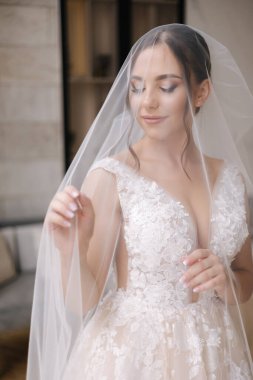 Yüzünde peçesi olan muhteşem bir gelin portresi. Düğün günü. Kadın pencerenin önünde duruyor. - Evet. Yüksek kalite fotoğraf