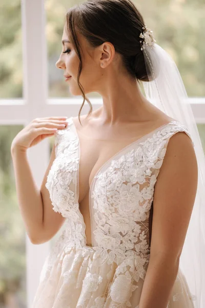 Retrato Noiva Elegante Casamento Vestido Frente Grande Janela Conceito Manhã — Fotografia de Stock