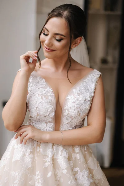 Wunderschöne Braut Ihrem Hochzeitstag Porträt Einer Braut Mit Elegantem Make — Stockfoto