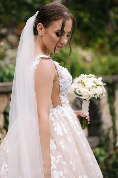 屋外に立ってウェディングドレスで豪華な花嫁の肖像画 エレガントなドレスで美しい花嫁 高品質の写真 — ストック写真