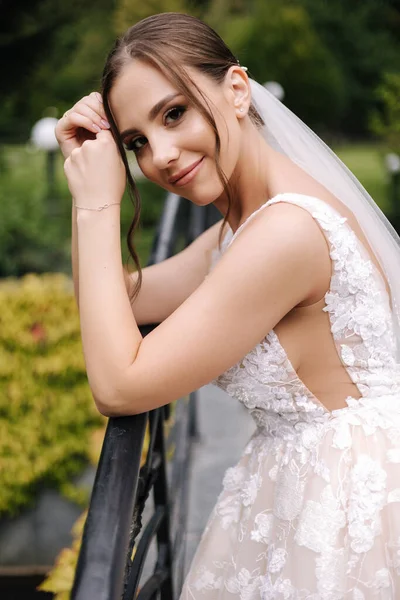 Retrato Novia Atractiva Vestido Novia Magnífico Mujer Elegante Con Maquillaje — Foto de Stock