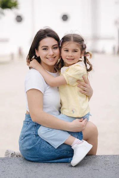 Adorable Little Daughter Hug Her Mom Smile Beautiful Happy Family — Stock Photo, Image