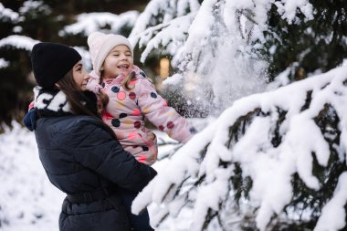 Mutlu anne ve kızı bir Noel ağacı dalından karı silkelediler. Yüksek kalite fotoğraf