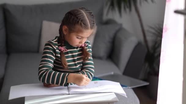 Portret Szczęśliwej Dziewczynki Rysującej Domu Dziewczyna Piękną Fryzurą Pomocą Ołówków — Wideo stockowe