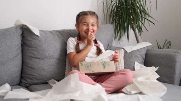 Adorable Little Girl Take Packing Napkins Have Fun Kid Make — Stock Video