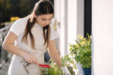 Çekici kadın balkona inmeye başlıyor. Hafif çizgili tulumlu genç bir kadın dikiliyor. Yüksek kalite fotoğraf