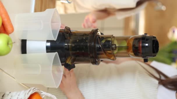 可爱的五岁小女孩和她妈妈一起把水果放进果汁机 两只雌性变成围裙高质量的录像 — 图库视频影像