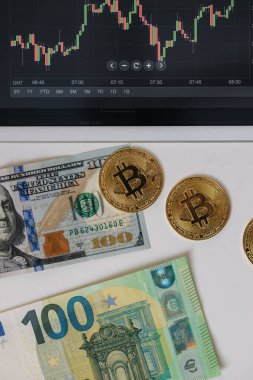 Altın Bitcoin Amerikan doları ve Euro tablet yanında ticaret uygulaması ile birlikte. Borsa konsepti. Yüksek kalite fotoğraf