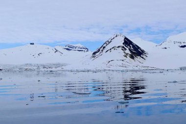Beyaz ve mavi tonlarda, kar kaplı kayalık dağların ve dalgalanan sulardaki mavi gökyüzünün güzel yansımalarıyla kutup manzarası. Svalbard takımadaları, Norveç
