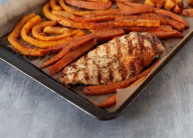 Kızarmış tavuk göğsü, balkabağı ve fırında pişirilmiş tatlı patates, sonbahar mevsimi için özel sağlıklı yiyecekler.