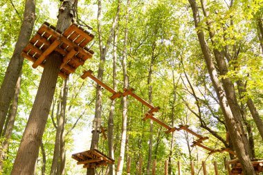 Climbing trails made of wood in the adventure park