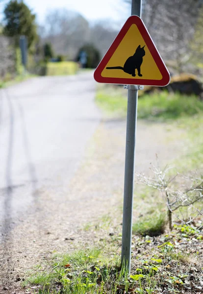 서명하라 고양이를 조심하라 스웨덴의 표지판 표지판에 이웃의 고양이들에게 주의를 기울이라고 — 스톡 사진