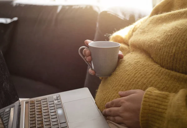 Pregnant woman sitting in the sofa stroking her belly with laptop in her lap and holding coffee mug. Concept of expecting woman working from home in the morning with sunlight. Photo taken in Sweden.
