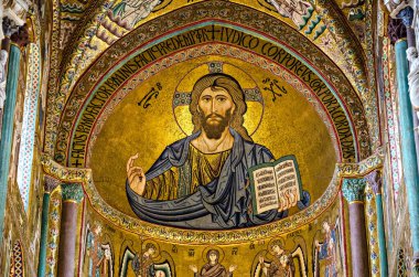  interior Basilica Cathedral of the Transfiguration in the Byzantine Arab-Norman style Cefalu Italy.  clipart