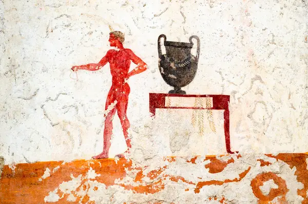 パエストゥム ダイバーの墓の古代フレスコ画 紀元前500年 イタリアのペストゥムの首都で — ストック写真