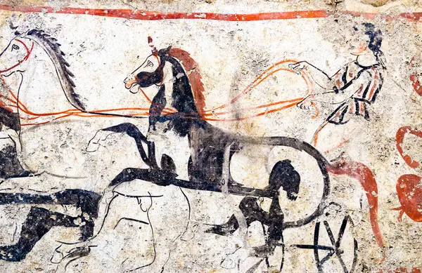 Paestum Ancient Frescoes Tomb Soldier Horseback Italy — Stock Photo, Image