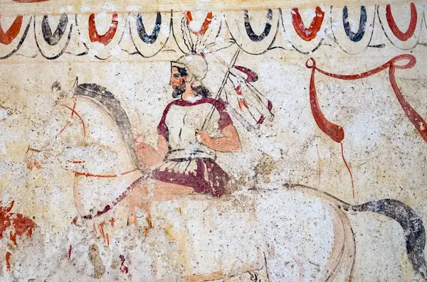 Paestum Ancient Frescoes Tomb Soldier Horseback Italy — Stock Photo, Image