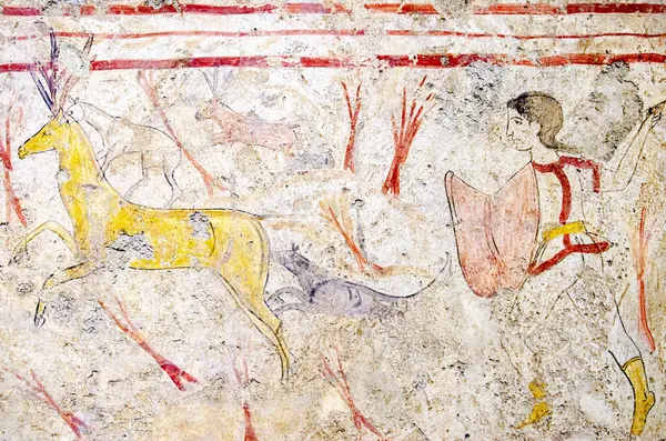 Paestum Ancient Frescoes Tomb Fighting Warriors 500 Necropolis Pestum Italy — Stock Photo, Image
