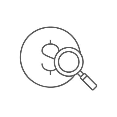 Magnifying glass with coin, money finder, money search, coin and loupe lineal icon. Finance, payment, invest finance symbol design. Isolated on white background