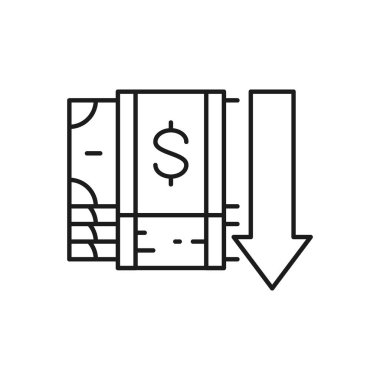 Pile of money banknotes with down arrow, money interest rate reduction lineal icon. Cash payment, paper bill, dollar symbol design. Isolated on white background