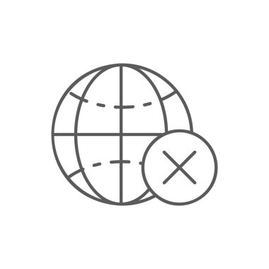 Earth globe with cross mark lineal icon. Global technology, internet, social network symbol design. Isolated on white background