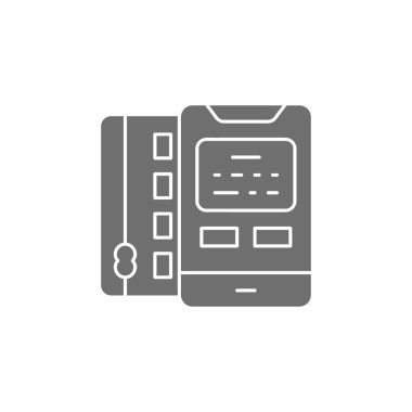 Cep telefonlu kredi kartı, banka ödemesi, online alışveriş, online ödeme gri doldurma simgesi. Alışveriş, online bankacılık, finans sembolü tasarımı. Beyaz arkaplanda izole