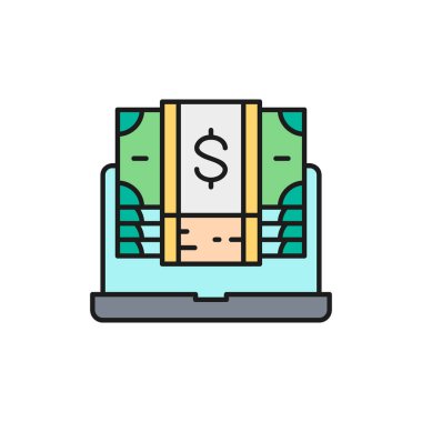 Bilgisayarlı dolar banknotları, nakit ödeme renk çizgisi ikonu. Nakit ödeme, kağıt fatura, dolar sembolü tasarımı. Beyaz arkaplanda izole