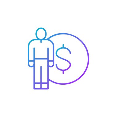 Madeni para gradyan çizgi ikonu olan bir adam. Finans, ödeme, yatırım sembolü tasarımı. Beyaz arkaplanda izole