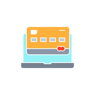 Bilgisayarlı kredi kartı, çevrimiçi ödeme beyaz taslak simgesi. Alışveriş, online bankacılık, finans sembolü tasarımı. Beyaz arkaplanda izole