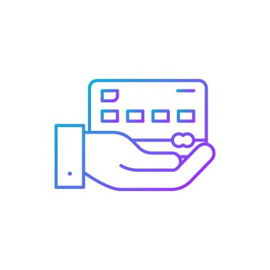 Elinde kredi kartı, kartla ödeme, NFC ödeme gradyan çizgi ikonu. Alışveriş, online bankacılık, finans sembolü tasarımı. Beyaz arkaplanda izole