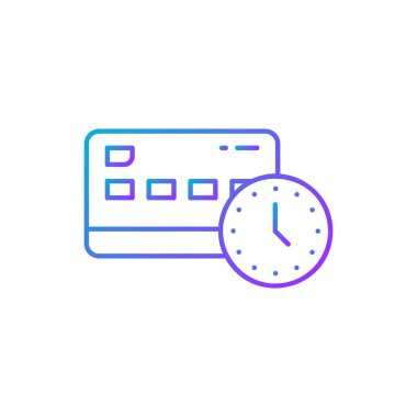 Saati olan kredi kartı, para ödeme işlemi, zaman para gradyan çizgi ikonu. Alışveriş, online bankacılık, finans sembolü tasarımı. Beyaz arkaplanda izole