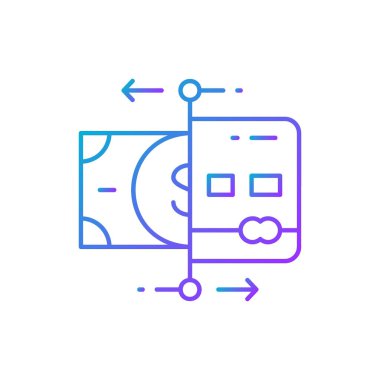 Kredi kartından para çekmek, banka kartından para çekmek, gradyan çizgi simgesini çekmek. Alışveriş, online bankacılık, finans sembolü tasarımı. Beyaz arkaplanda izole