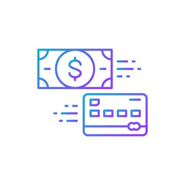 Kredi kartından çek, banka kartından para çek, gradyan çizgi simgesini geri çek. Alışveriş, online bankacılık, finans sembolü tasarımı. Beyaz arkaplanda izole