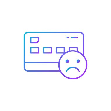 Üzgün yüzlü kredi kartı, iflas, hoşnutsuzluk, olumsuz geri bildirim gradyan çizgi ikonu. Alışveriş, online bankacılık, finans sembolü tasarımı. Beyaz arkaplanda izole